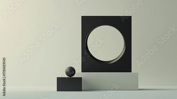 Fototapeta Abstract minimalist display with black geometric shapes and circular cut-out on a neutral background, perfect for product showcase.