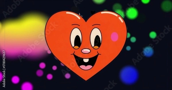 Fototapeta Floating red heart cartoon character drifting over dark digital backdrop, with neon bokeh accents