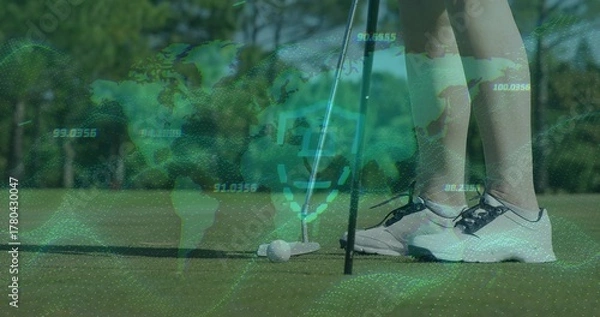Fototapeta Golfer's legs aligning on putting green, projecting digital overlay with ball, putter and flagstick