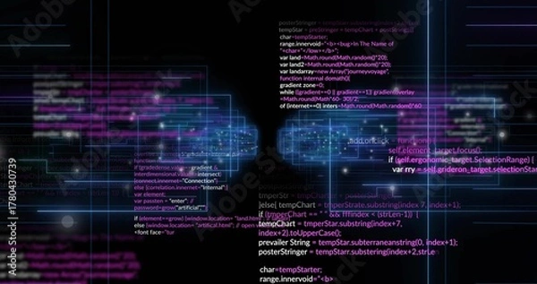 Fototapeta Displaying centered columns of monospace code over neon panels in virtual UI, glowing nodes