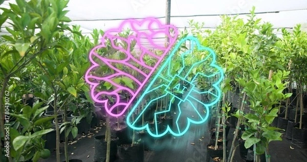 Fototapeta Floating neon brain graphic hovering over nursery aisle, with potted saplings in black grow bags