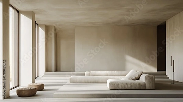 Fototapeta minimalist modern living room with a neutral palette, a large sectional sofa, organic poufs, and natural light highlighting the contemporary architectural design.