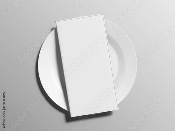 Fototapeta Blank White Trifold Restaurant Menu Mockup 3D Rendering On A White Plate 