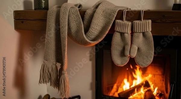 Fototapeta Cozy fireplace with mittens and scarf hanging above the warm fire burning bright