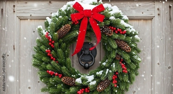 Fototapeta Festive christmas wreath with red bow and snow hanging on a rustic wooden door