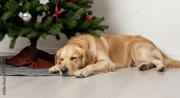 Fototapeta Golden retriever sleeping peacefully under a decorated christmas tree indoors at home