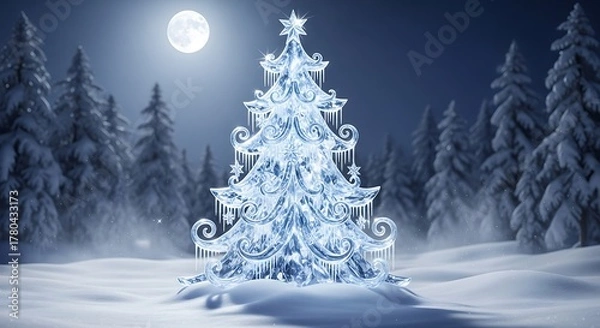 Fototapeta Ice crystal christmas tree glows under a full moon in a snowy winter forest