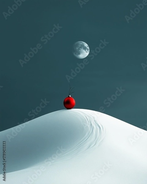 Fototapeta Minimalist Christmas surreal snowy hill with a single red ornament glowing under soft moonlight 