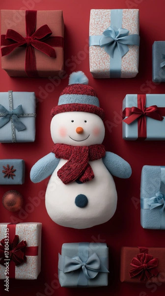 Fototapeta Christmas shopping. Snowman with gifts and bows on the red background