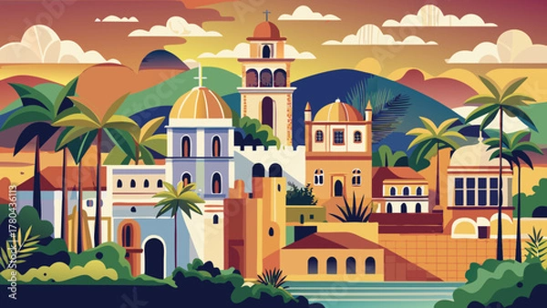 Fototapeta Very beautiful Santo Domingo travel poster in cinematic minimal vector style, featuring simplified colonial skyline, warm Caribbean tones, historic buildings, and clean geometric shapes creating an 