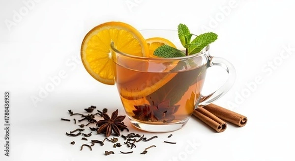 Fototapeta Elegant glass cup of tea with decorative elements on a clean white background, symbolizing warmth, simplicity, and refined relaxation