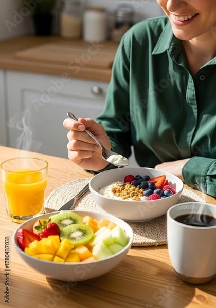 Fototapeta Person enjoying a healthy breakfast with fresh fruit and creamy yogurt served in assorted bowls, symbolizing wellness and balanced nutrition