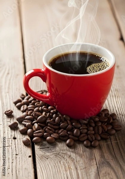 Fototapeta Red cup of freshly brewed coffee with scattered beans on rustic wooden texture, symbolizing warmth, aroma, and cozy morning moments