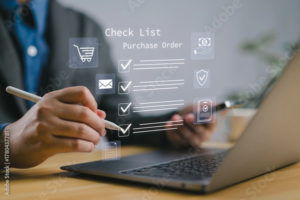 Fototapeta Professional reviewing digital purchase order checklist to verify procurement details, ensuring accuracy, compliance, and successful transaction in modern business operations.