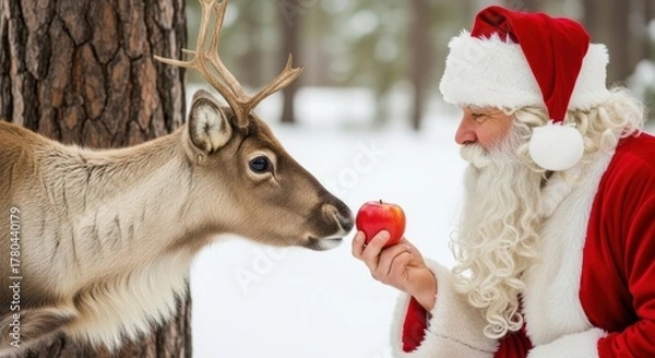Obraz Santa Claus Posing with a Friendly Reindeer