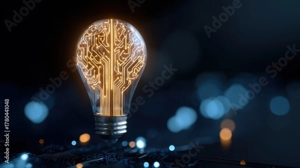 Obraz Light bulb with circuit patterns symbolizes innovation and technology in a dark setting
