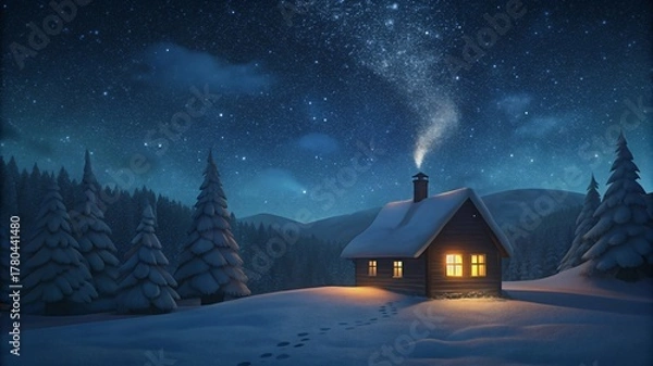 Fototapeta Cozy cabin in the snowy woods under a star filled night sky with aurora borealis shimmering overhead