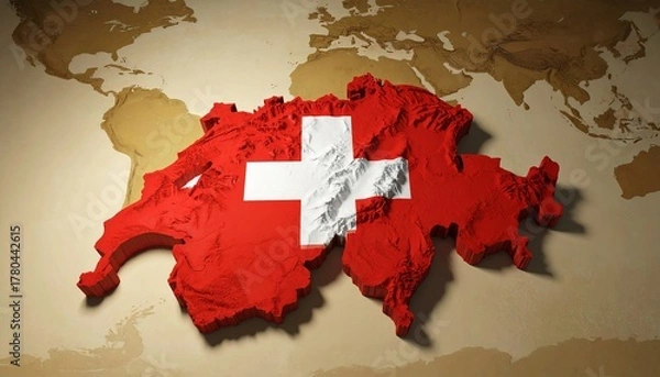 Fototapeta Switzerland map, highlighted in bold red and white, stands out on a vintage world map. The design showcases national pride, geography, and cultural identity.