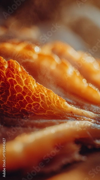 Fototapeta Golden turkey skin captures the warmth of Thanksgiving cooking, with crisp texture and rich color glowing in soft kitchen light. A close-up that highlights the flavor and tradition of the holiday meal