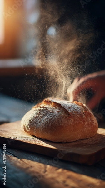 Fototapeta Breaking bread by hand symbolizes togetherness at Thanksgiving. Warm tones, soft crumbs, and natural textures create an intimate scene of comfort and holiday tradition.