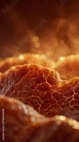 Fototapeta Golden turkey skin captures the warmth of Thanksgiving cooking, with crisp texture and rich color glowing in soft kitchen light. A close-up that highlights the flavor and tradition of the holiday meal