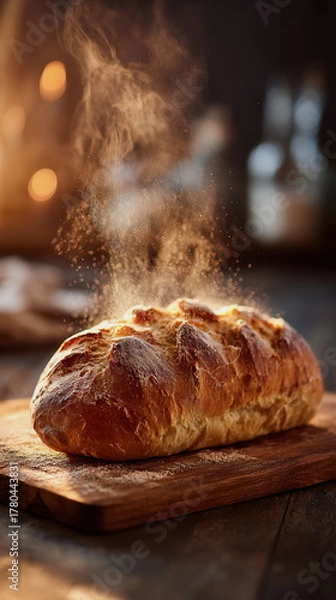 Fototapeta Freshly baked bread steaming on a Thanksgiving table brings warmth and comfort to the holiday feast, adding a rustic homemade touch to the festive celebration.