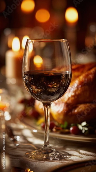 Fototapeta A warm Thanksgiving dinner scene featuring a glass of red wine glowing in candlelight beside a perfectly roasted turkey, capturing the cozy holiday mood and festive family gathering atmosphere.