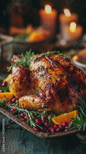 Fototapeta A golden roasted Thanksgiving turkey sits beside shimmering candles, creating a warm festive glow. Crisp skin, herbs, and cozy ambience capture the richness and tradition of a classic holiday celebrat