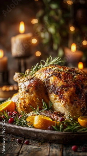 Obraz A golden roasted Thanksgiving turkey sits beside shimmering candles, creating a warm festive glow. Crisp skin, herbs, and cozy ambience capture the richness and tradition of a classic holiday celebrat