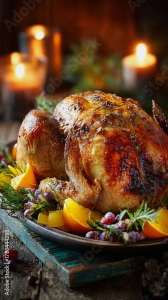 Fototapeta A golden roasted Thanksgiving turkey sits beside shimmering candles, creating a warm festive glow. Crisp skin, herbs, and cozy ambience capture the richness and tradition of a classic holiday celebrat