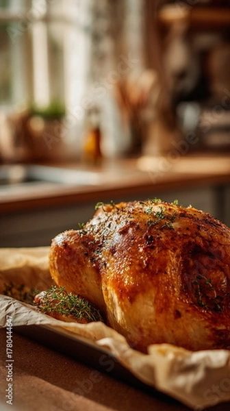 Obraz A freshly roasted Thanksgiving turkey rests in a warm tray by the window, steam rising into the soft morning light. The calm, rustic atmosphere captures the comforting start of a holiday filled with t
