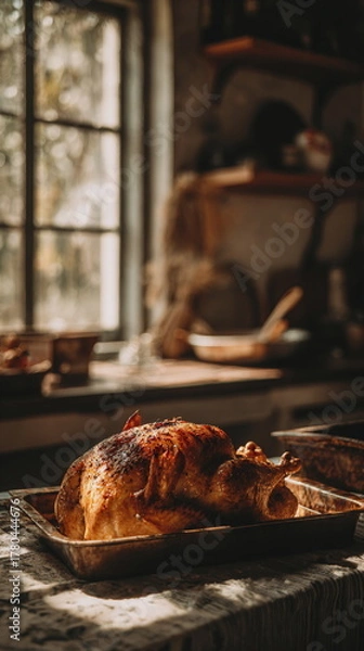 Fototapeta A freshly roasted Thanksgiving turkey rests in warm window light, filling the scene with inviting glow. The soft atmosphere highlights the holiday’s comfort, tradition, and slow-paced homemade celebra