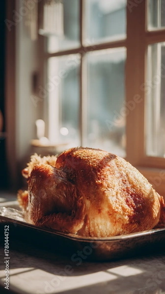 Obraz Sunlit steam rises from a golden Thanksgiving turkey, creating a serene holiday mood. Gentle morning light and rustic kitchen textures evoke the warmth of home and the spirit of festive cooking.