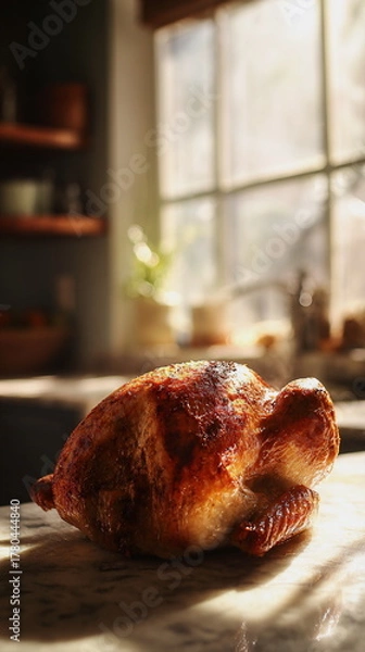 Obraz Sunlit steam rises from a golden Thanksgiving turkey, creating a serene holiday mood. Gentle morning light and rustic kitchen textures evoke the warmth of home and the spirit of festive cooking.