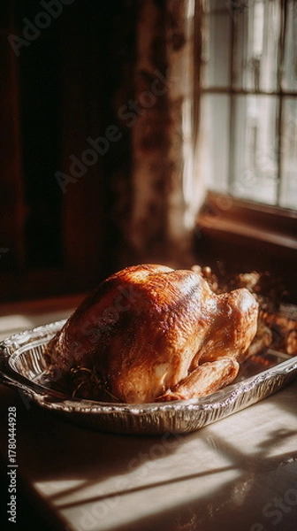 Obraz A freshly roasted Thanksgiving turkey rests in a warm tray by the window, steam rising into the soft morning light. The calm, rustic atmosphere captures the comforting start of a holiday filled with t