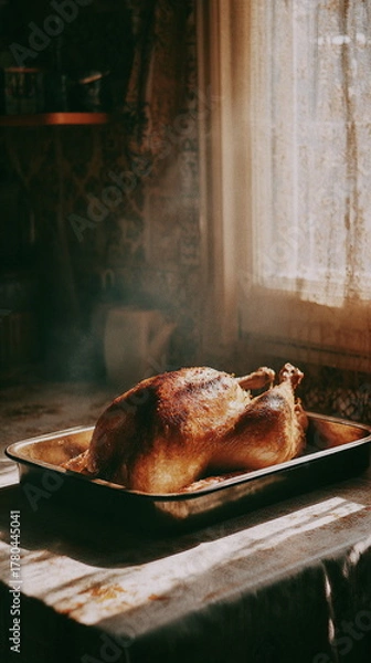 Obraz A freshly roasted Thanksgiving turkey rests in a warm tray by the window, steam rising into the soft morning light. The calm, rustic atmosphere captures the comforting start of a holiday filled with t