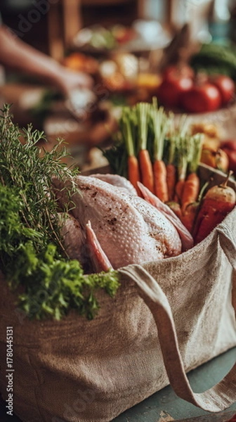 Fototapeta Fresh Thanksgiving turkey rests among herbs and seasonal vegetables, ready for holiday prep. Natural textures and earthy tones highlight the start of a festive cooking ritual filled with tradition and