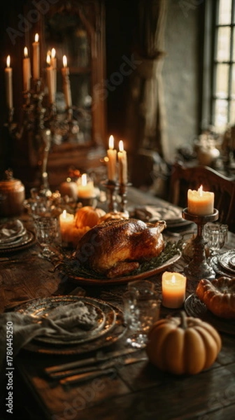 Obraz A warm Thanksgiving table glows with soft candlelight, featuring a golden roasted turkey at the center. Seasonal décor, rustic textures, and an inviting atmosphere capture the heart of the holiday gat