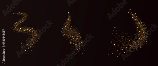 Obraz Golden glitter dust with sparkling curved lines on dark night sky set. Shimmer spray effect for festive celebration collection. Bright stardust, light powder texture. Vector background illustration.