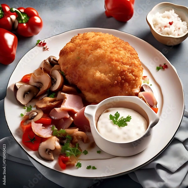 Fototapeta Appetizing meat dish with rice, vegetables, and creamy sauce served on a rustic table. Ideal for restaurant menu or food advertisement.