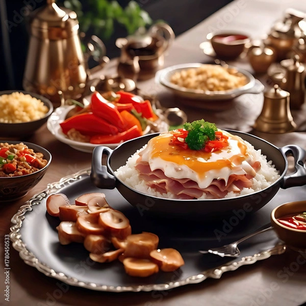 Fototapeta Appetizing meat dish with rice, vegetables, and creamy sauce served on a rustic table. Ideal for restaurant menu or food advertisement.