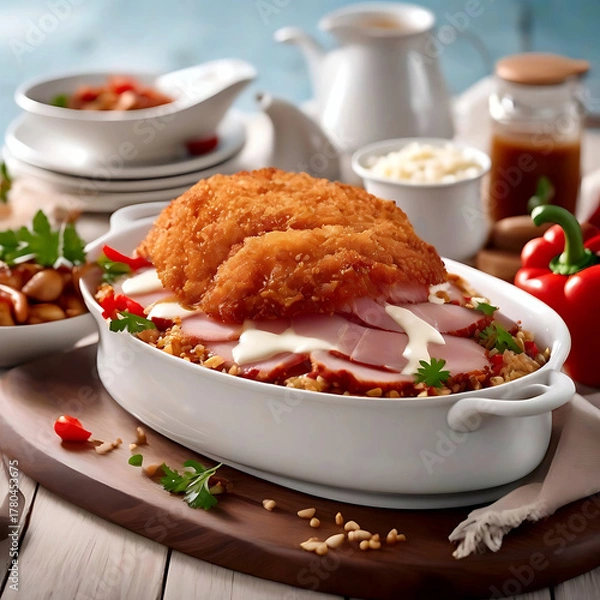 Fototapeta Appetizing meat dish with rice, vegetables, and creamy sauce served on a rustic table. Ideal for restaurant menu or food advertisement.