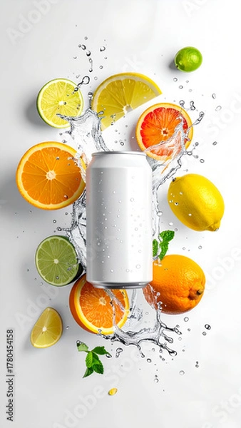 Obraz Fresh citrus fruit blank canned beverage can with water splash refreshing summer drink