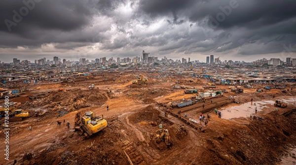 Obraz Urban construction site with heavy machinery working on excavated dirt land under dramatic cloudy sky with high-rise city skyline in the background and people walking in dusty open area