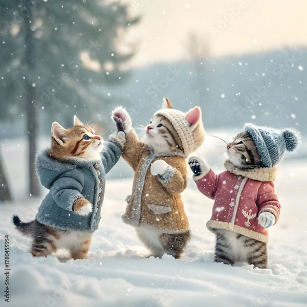 Obraz Three adorable kittens wearing tiny winter coats and hats, sitting together, fluffy fur