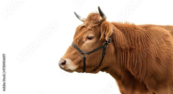 Fototapeta A Beautiful Brown Cow Wearing a Halter Standing Calmly, Representing the Grace and Importance of Cattle in Agriculture and Rural Life