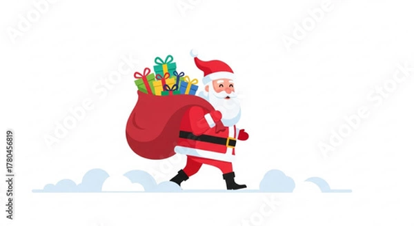 Fototapeta Santa Claus walking with a bag of gifts in winter scene  