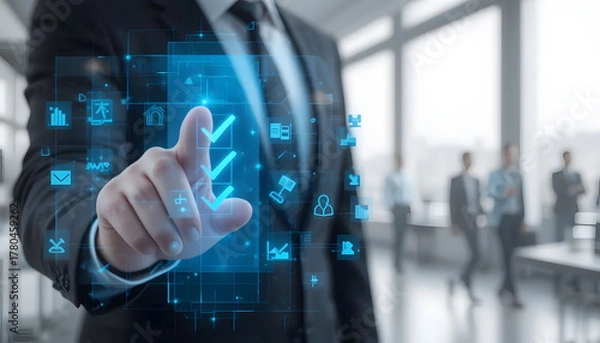 Obraz hand pushing a button on the touch screen interface