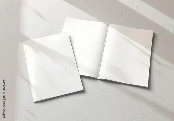 Fototapeta Isolated magazine cover and open magazine Mockup on white background with shadows. 3D rendering