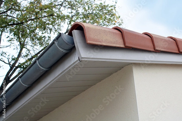 Fototapeta Gouttière zinc gris sur la façade de la maison, descentes rondes et sous-face en lambris bois